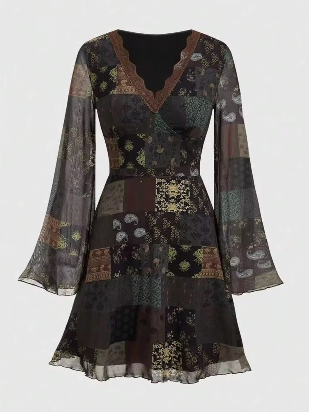 ROMWE Boho Patchwork Witchy Mesh Bell Sleeve Whimsigoth Retro Mini Dress NWOT S